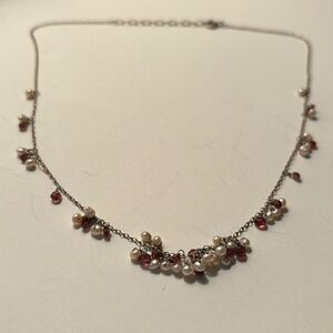 Vintage Silver tone chain necklace with brown and cream seed beads 16.5-18.5